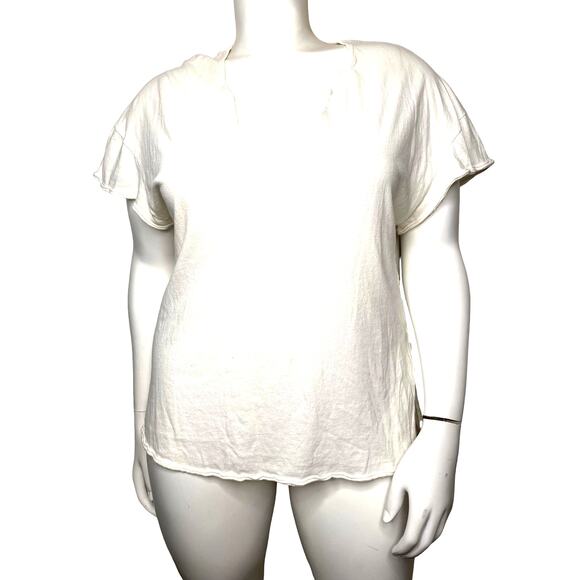 FREE PEOPLE OFF WHITE TONE TOP V NECK SHORT SLEEVE WOMEN'S SIZE L - Picture 1 of 6